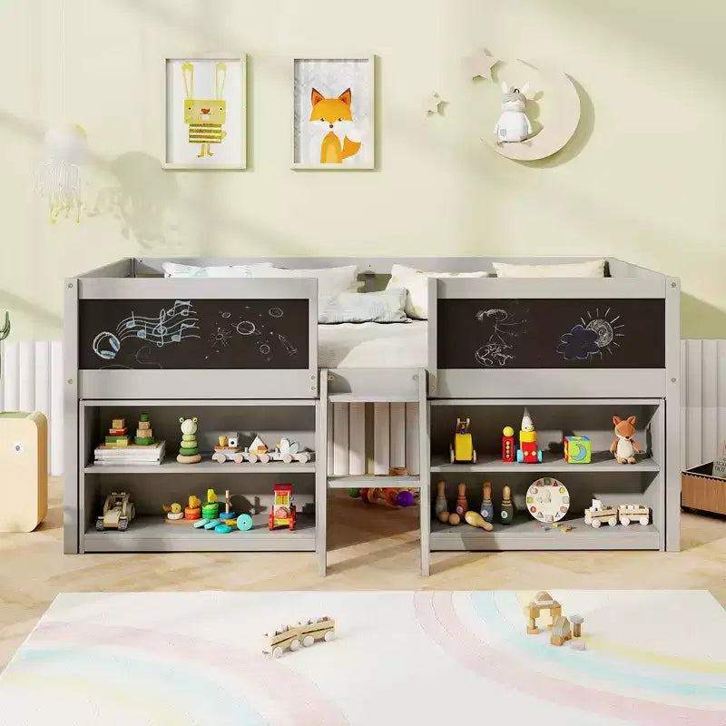 Costway Twin Size Low Loft Bed with Ramp Ladder & Bookcases Full-length Safety Guardrail White/Gray
