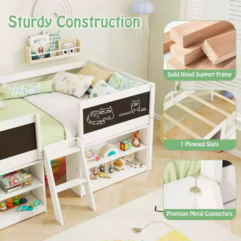 Costway Twin Size Low Loft Bed with Ramp Ladder & Bookcases Full-length Safety Guardrail White/Gray