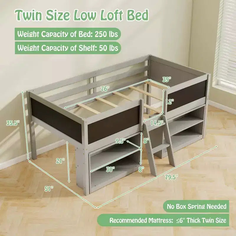 Costway Twin Size Low Loft Bed with Ramp Ladder & Bookcases Full-length Safety Guardrail White/Gray