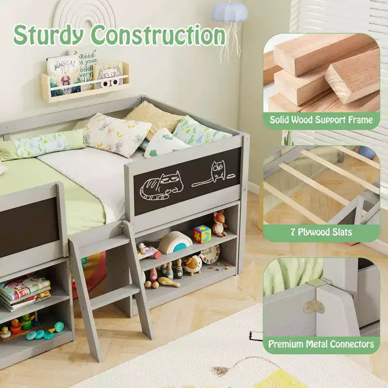 Costway Twin Size Low Loft Bed with Ramp Ladder & Bookcases Full-length Safety Guardrail White/Gray