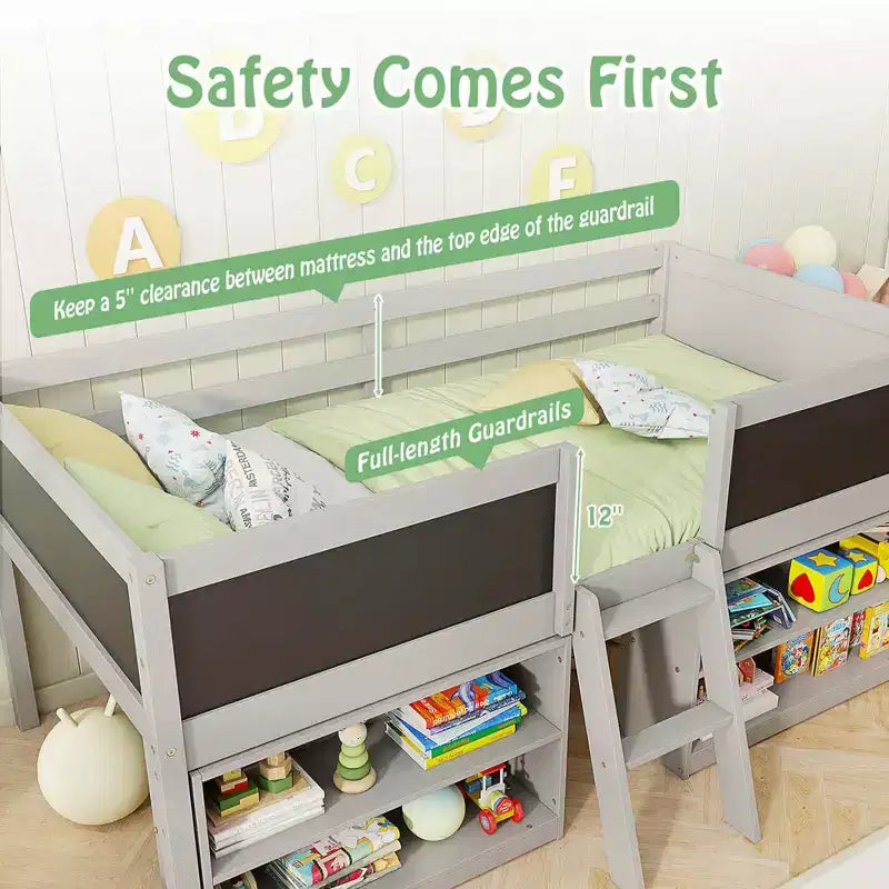 Costway Twin Size Low Loft Bed with Ramp Ladder & Bookcases Full-length Safety Guardrail White/Gray