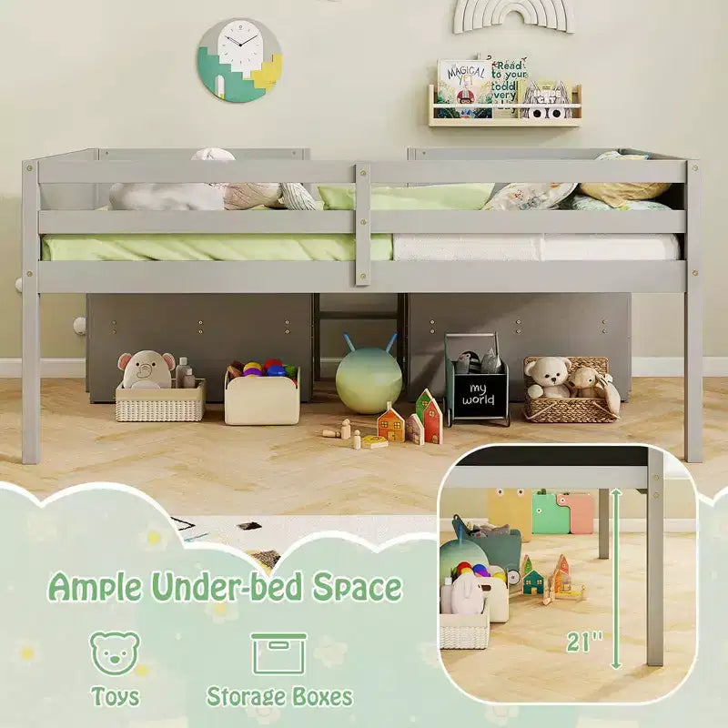 Costway Twin Size Low Loft Bed with Ramp Ladder & Bookcases Full-length Safety Guardrail White/Gray
