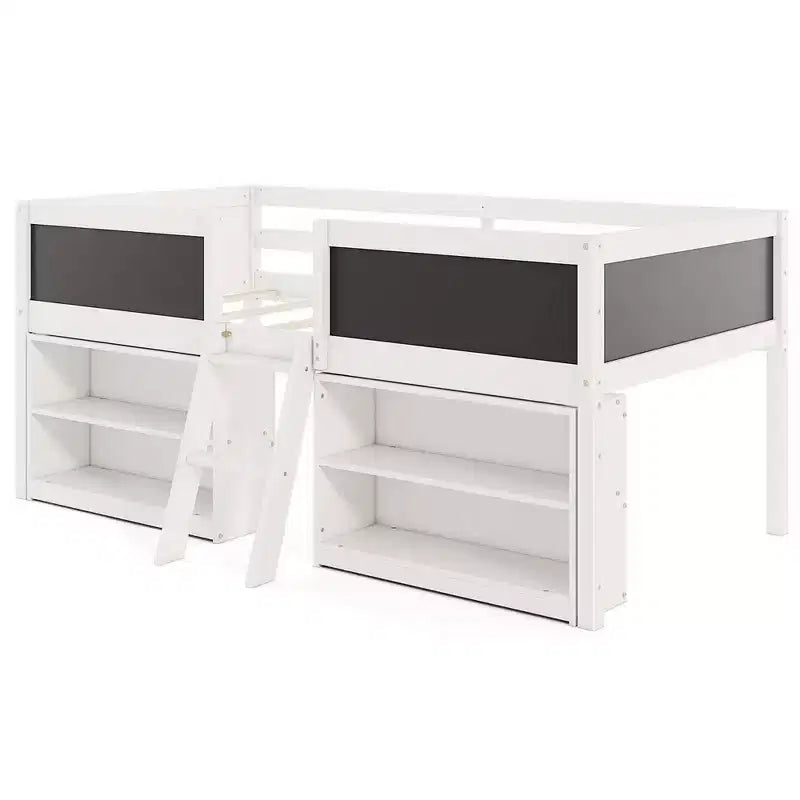 Costway Twin Size Low Loft Bed with Ramp Ladder & Bookcases Full-length Safety Guardrail White/Gray
