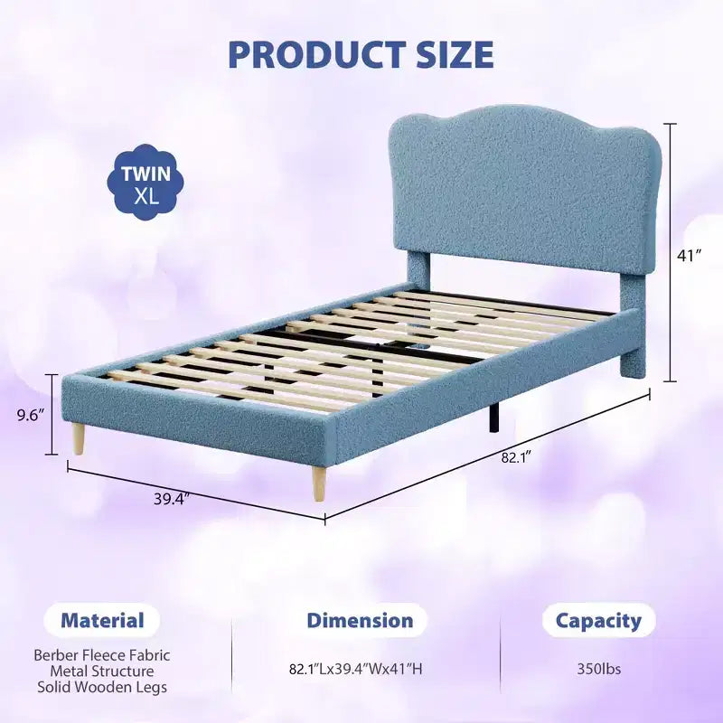 Bed Frame for Kids with Scallop Headboard, Cute Velvet Twin Bed for Girls, Boys, Sturdy Platform Bed, No Box Spring Needed, Wooden Slats, Noise Free