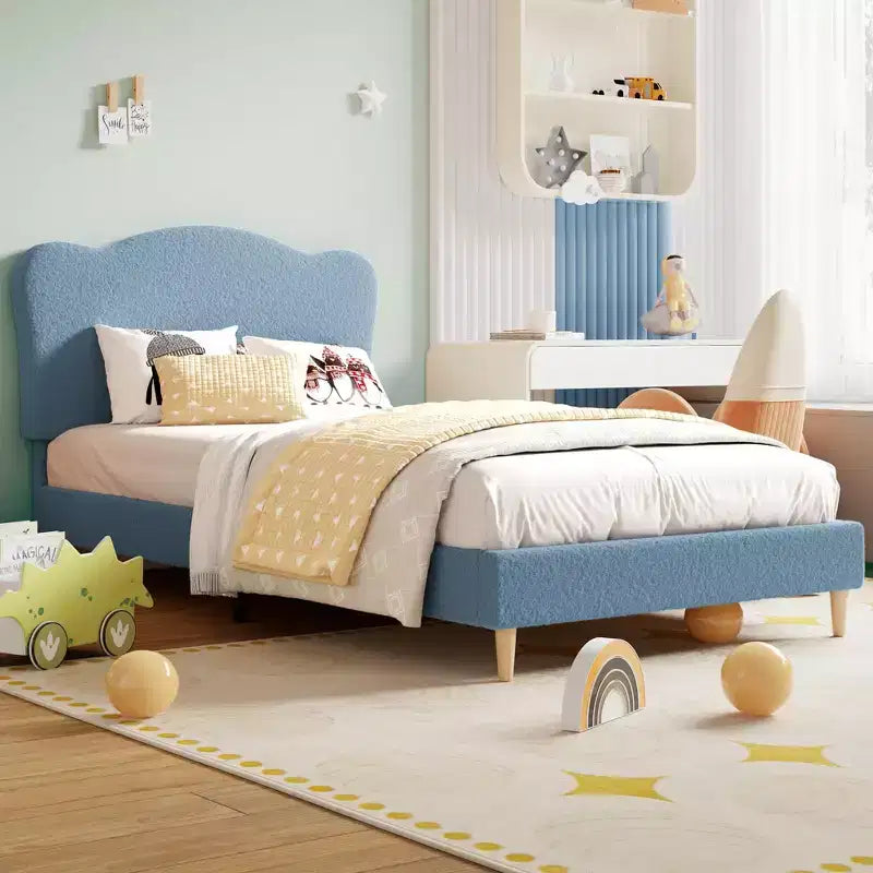 Bed Frame for Kids with Scallop Headboard, Cute Velvet Twin Bed for Girls, Boys, Sturdy Platform Bed, No Box Spring Needed, Wooden Slats, Noise Free