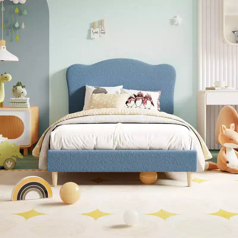 Bed Frame for Kids with Scallop Headboard, Cute Velvet Twin Bed for Girls, Boys, Sturdy Platform Bed, No Box Spring Needed, Wooden Slats, Noise Free