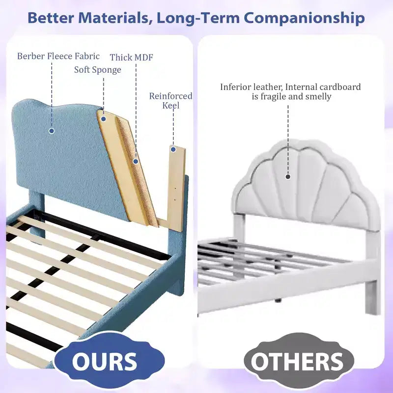 Bed Frame for Kids with Scallop Headboard, Cute Velvet Twin Bed for Girls, Boys, Sturdy Platform Bed, No Box Spring Needed, Wooden Slats, Noise Free