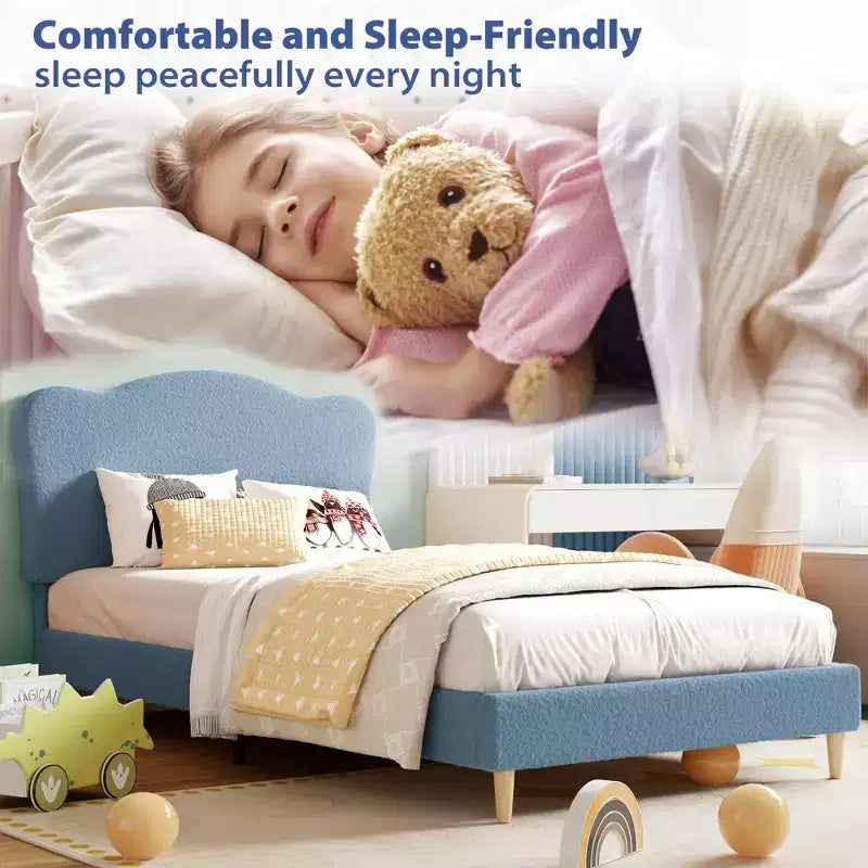Bed Frame for Kids with Scallop Headboard, Cute Velvet Twin Bed for Girls, Boys, Sturdy Platform Bed, No Box Spring Needed, Wooden Slats, Noise Free
