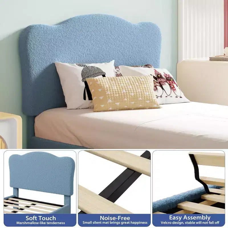 Bed Frame for Kids with Scallop Headboard, Cute Velvet Twin Bed for Girls, Boys, Sturdy Platform Bed, No Box Spring Needed, Wooden Slats, Noise Free