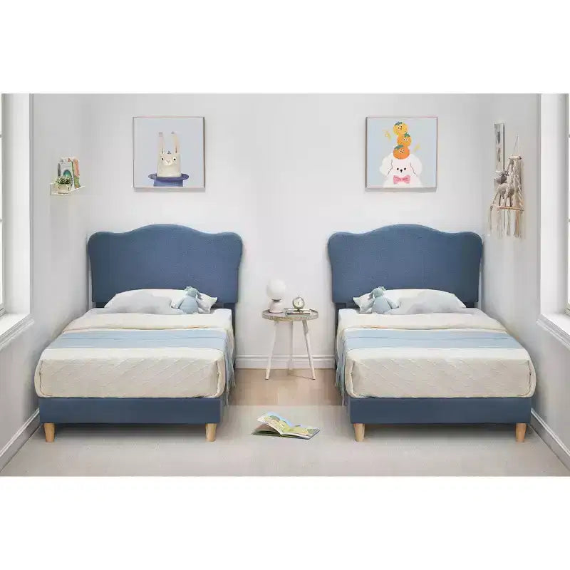 Bed Frame for Kids with Scallop Headboard, Cute Velvet Twin Bed for Girls, Boys, Sturdy Platform Bed, No Box Spring Needed, Wooden Slats, Noise Free