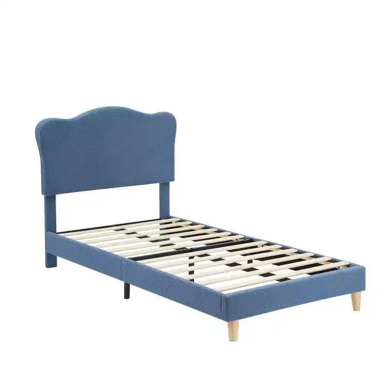 Bed Frame for Kids with Scallop Headboard, Cute Velvet Twin Bed for Girls, Boys, Sturdy Platform Bed, No Box Spring Needed, Wooden Slats, Noise Free
