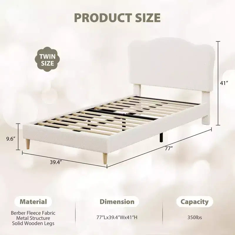 Bed Frame for Kids with Scallop Headboard, Cute Velvet Twin Bed for Girls, Boys, Sturdy Platform Bed, No Box Spring Needed, Wooden Slats, Noise Free
