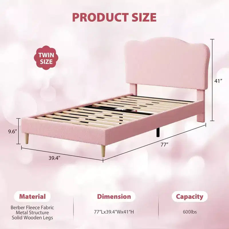 Bed Frame for Kids with Scallop Headboard, Cute Velvet Twin Bed for Girls, Boys, Sturdy Platform Bed, No Box Spring Needed, Wooden Slats, Noise Free