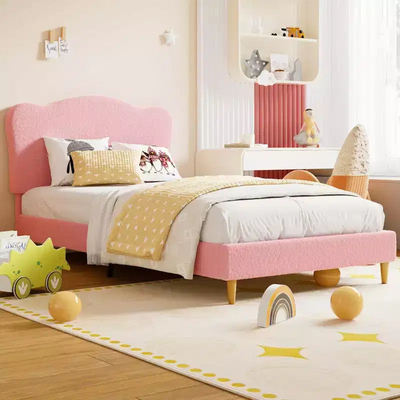 Bed Frame for Kids with Scallop Headboard, Cute Velvet Twin Bed for Girls, Boys, Sturdy Platform Bed, No Box Spring Needed, Wooden Slats, Noise Free