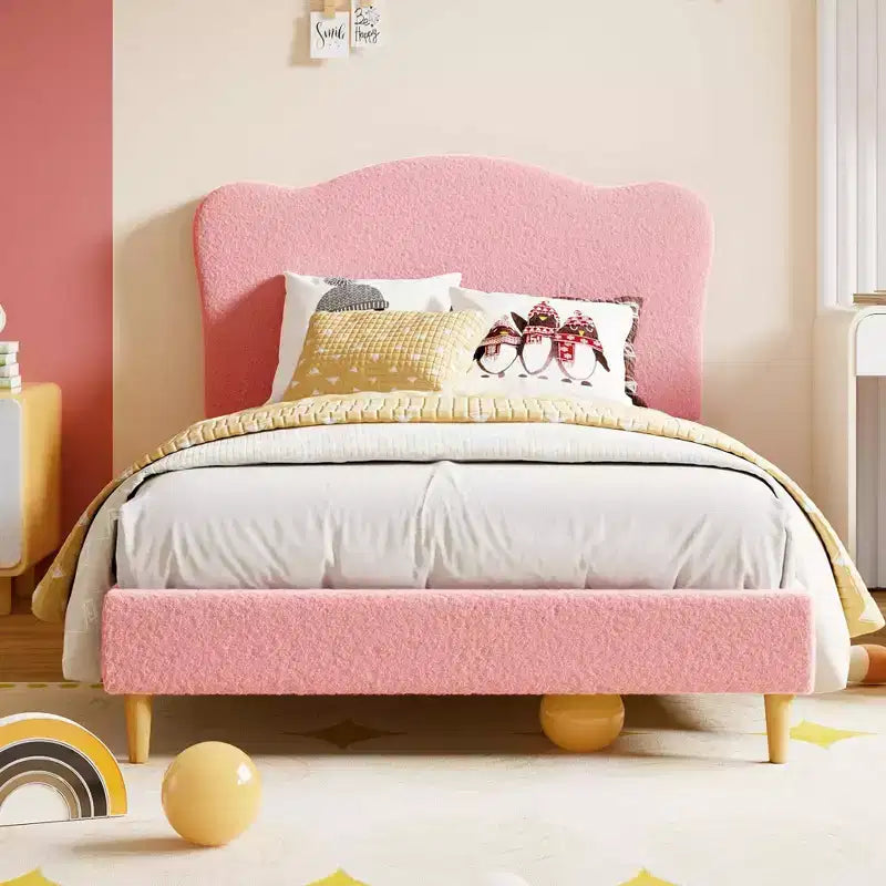 Bed Frame for Kids with Scallop Headboard, Cute Velvet Twin Bed for Girls, Boys, Sturdy Platform Bed, No Box Spring Needed, Wooden Slats, Noise Free