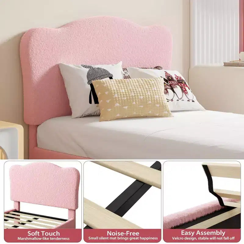 Bed Frame for Kids with Scallop Headboard, Cute Velvet Twin Bed for Girls, Boys, Sturdy Platform Bed, No Box Spring Needed, Wooden Slats, Noise Free