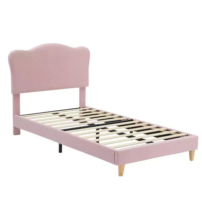 Bed Frame for Kids with Scallop Headboard, Cute Velvet Twin Bed for Girls, Boys, Sturdy Platform Bed, No Box Spring Needed, Wooden Slats, Noise Free