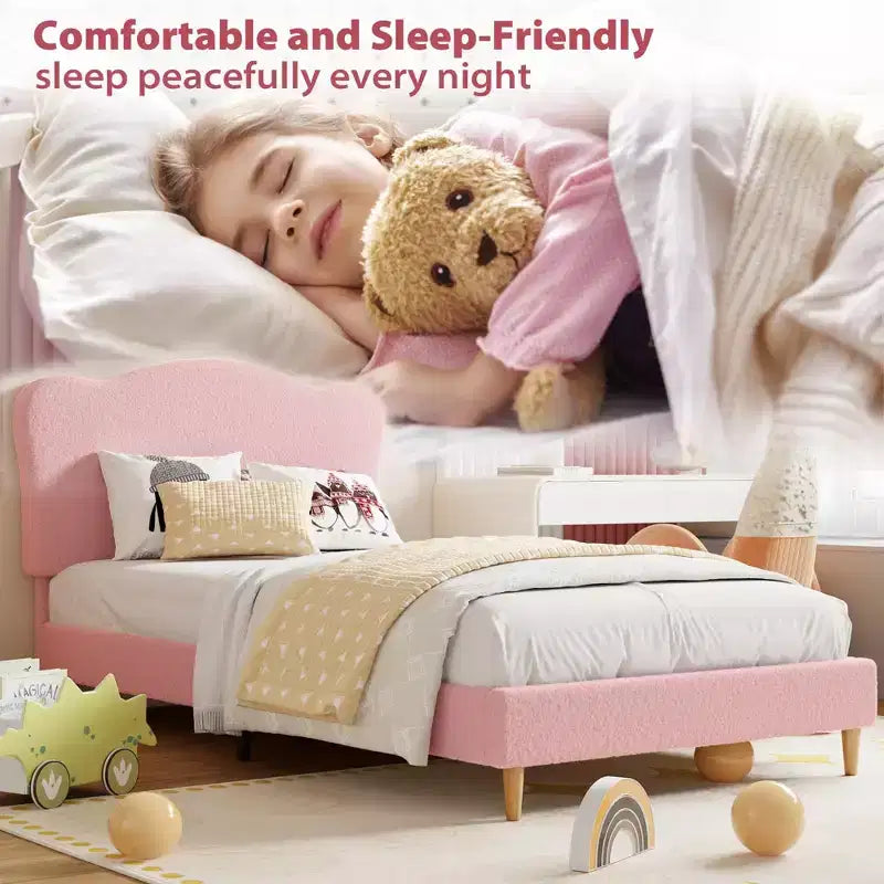 Bed Frame for Kids with Scallop Headboard, Cute Velvet Twin Bed for Girls, Boys, Sturdy Platform Bed, No Box Spring Needed, Wooden Slats, Noise Free