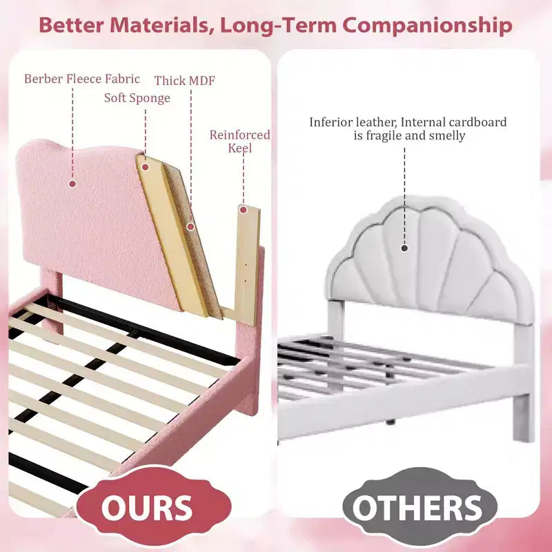 Bed Frame for Kids with Scallop Headboard, Cute Velvet Twin Bed for Girls, Boys, Sturdy Platform Bed, No Box Spring Needed, Wooden Slats, Noise Free
