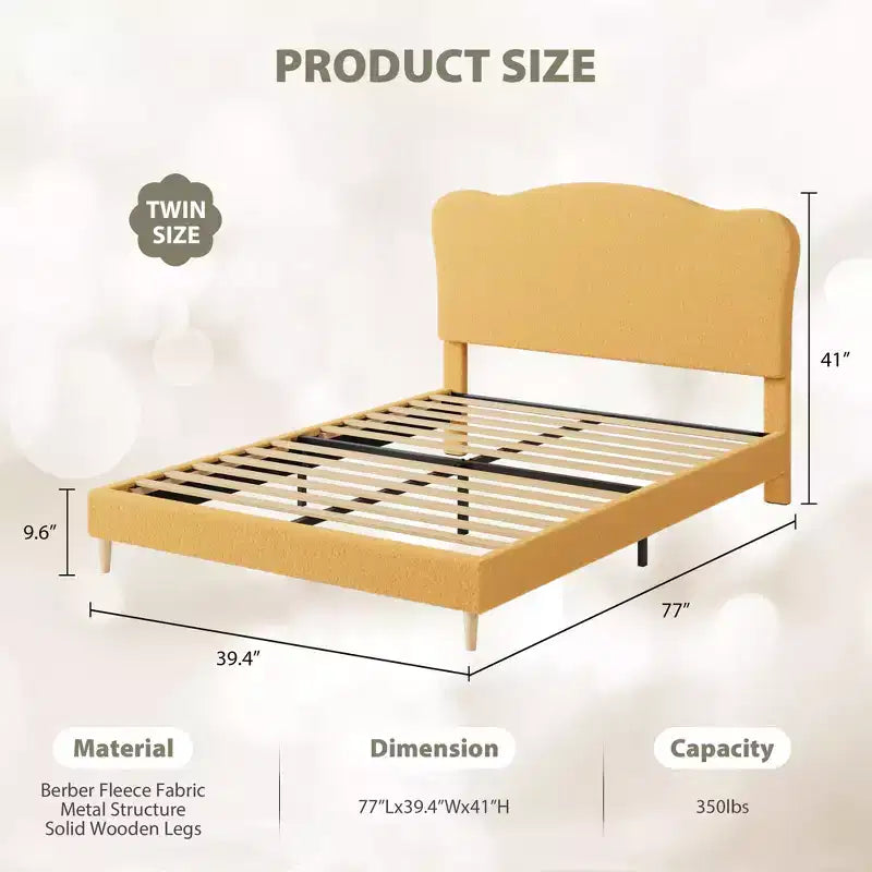 Bed Frame for Kids with Scallop Headboard, Cute Velvet Twin Bed for Girls, Boys, Sturdy Platform Bed, No Box Spring Needed, Wooden Slats, Noise Free
