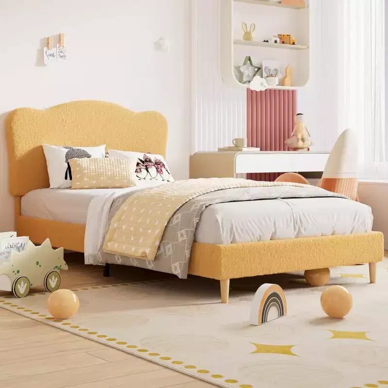 Bed Frame for Kids with Scallop Headboard, Cute Velvet Twin Bed for Girls, Boys, Sturdy Platform Bed, No Box Spring Needed, Wooden Slats, Noise Free