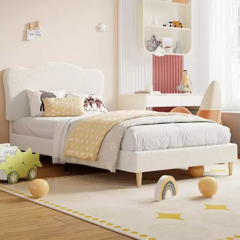 Bed Frame for Kids with Scallop Headboard, Cute Velvet Twin Bed for Girls, Boys, Sturdy Platform Bed, No Box Spring Needed, Wooden Slats, Noise Free