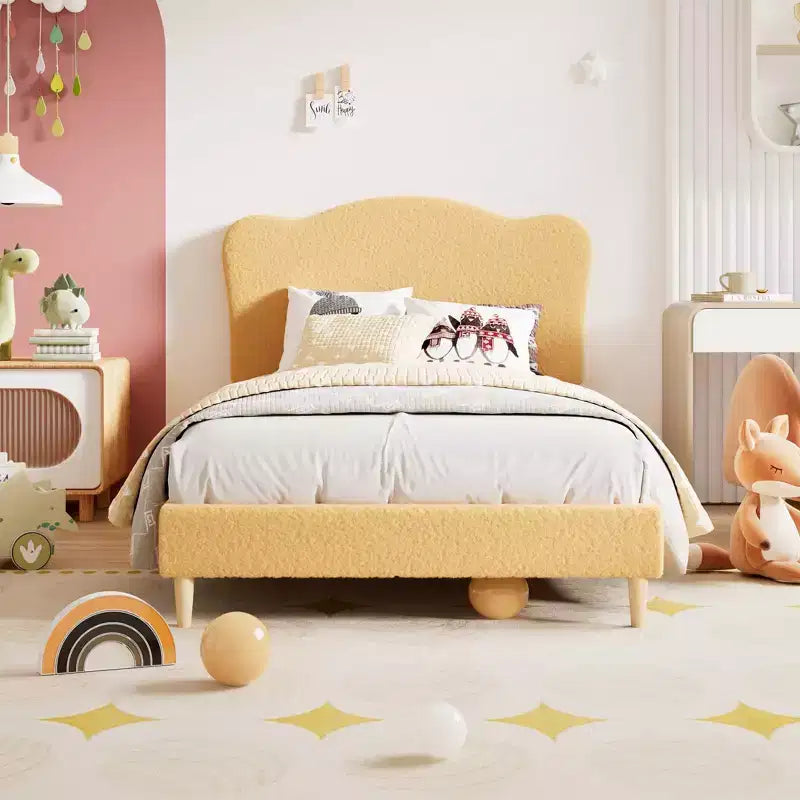 Bed Frame for Kids with Scallop Headboard, Cute Velvet Twin Bed for Girls, Boys, Sturdy Platform Bed, No Box Spring Needed, Wooden Slats, Noise Free