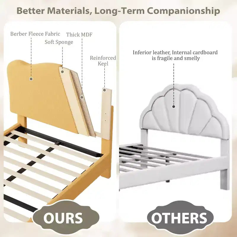 Bed Frame for Kids with Scallop Headboard, Cute Velvet Twin Bed for Girls, Boys, Sturdy Platform Bed, No Box Spring Needed, Wooden Slats, Noise Free