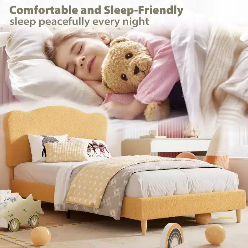 Bed Frame for Kids with Scallop Headboard, Cute Velvet Twin Bed for Girls, Boys, Sturdy Platform Bed, No Box Spring Needed, Wooden Slats, Noise Free