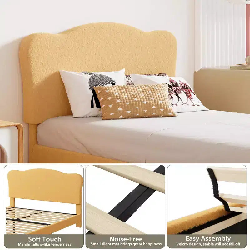Bed Frame for Kids with Scallop Headboard, Cute Velvet Twin Bed for Girls, Boys, Sturdy Platform Bed, No Box Spring Needed, Wooden Slats, Noise Free