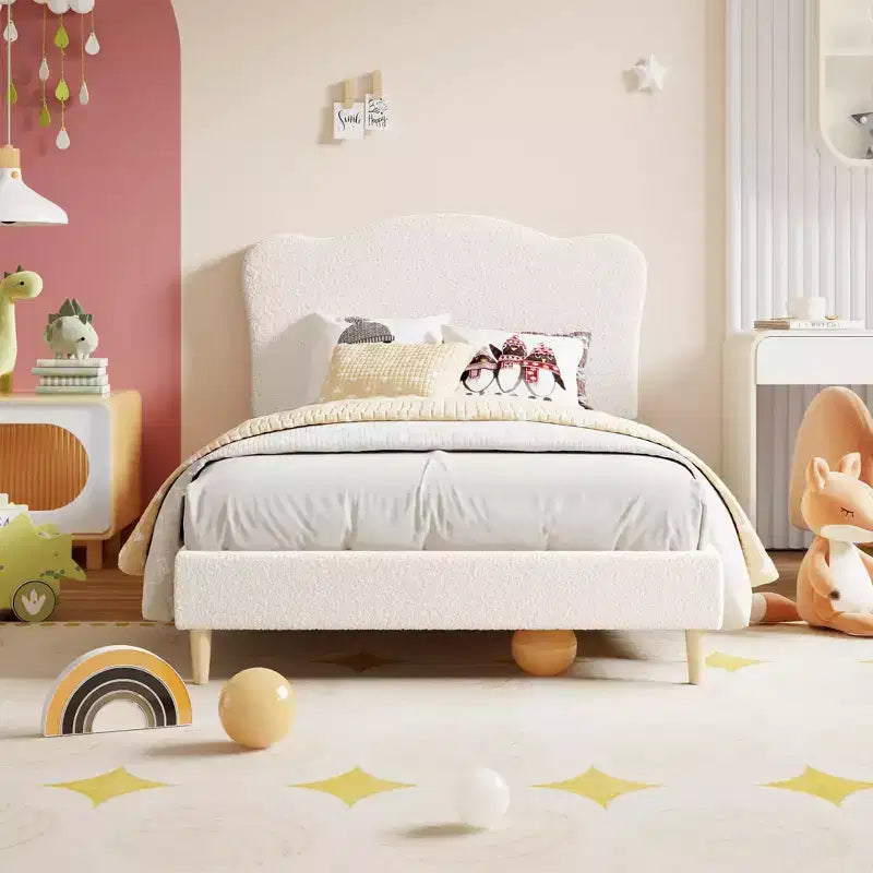 Bed Frame for Kids with Scallop Headboard, Cute Velvet Twin Bed for Girls, Boys, Sturdy Platform Bed, No Box Spring Needed, Wooden Slats, Noise Free
