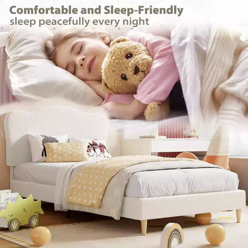 Bed Frame for Kids with Scallop Headboard, Cute Velvet Twin Bed for Girls, Boys, Sturdy Platform Bed, No Box Spring Needed, Wooden Slats, Noise Free