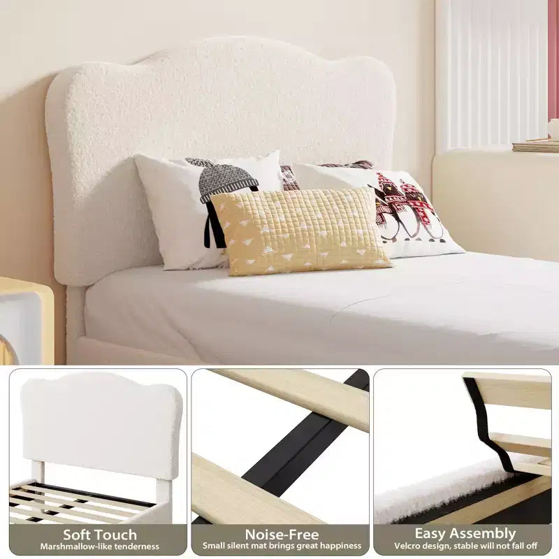 Bed Frame for Kids with Scallop Headboard, Cute Velvet Twin Bed for Girls, Boys, Sturdy Platform Bed, No Box Spring Needed, Wooden Slats, Noise Free