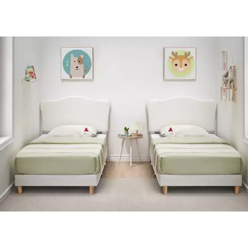 Bed Frame for Kids with Scallop Headboard, Cute Velvet Twin Bed for Girls, Boys, Sturdy Platform Bed, No Box Spring Needed, Wooden Slats, Noise Free