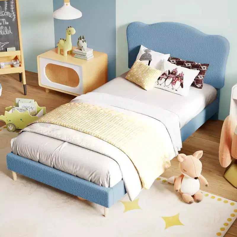 Bed Frame for Kids with Scallop Headboard, Cute Velvet Twin Bed for Girls, Boys, Sturdy Platform Bed, No Box Spring Needed, Wooden Slats, Noise Free