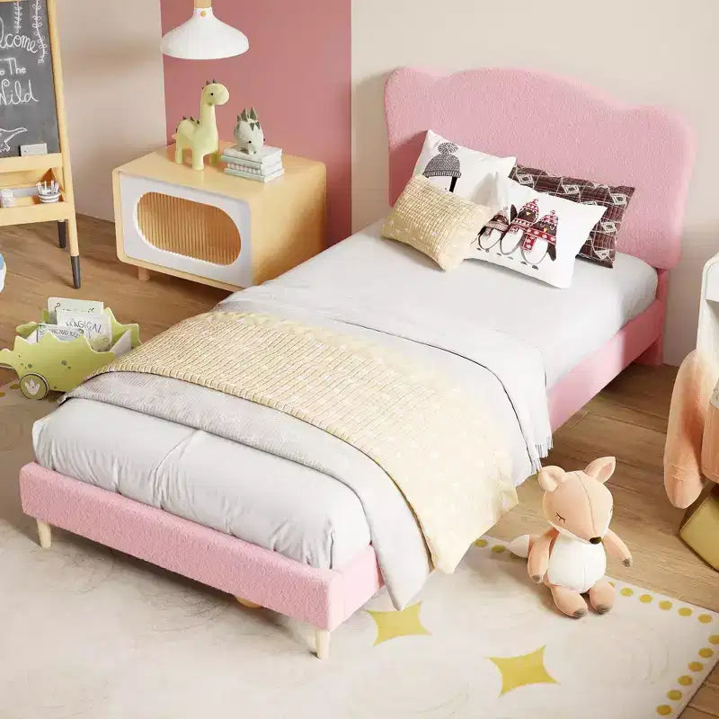 Bed Frame for Kids with Scallop Headboard, Cute Velvet Twin Bed for Girls, Boys, Sturdy Platform Bed, No Box Spring Needed, Wooden Slats, Noise Free
