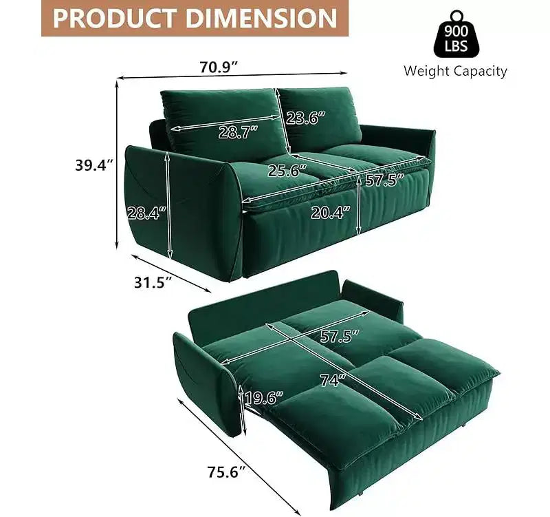 GDFStudio Zero Convertible 3-Seat 70.9 Velvet Upholstered Full Size Sofa Bed