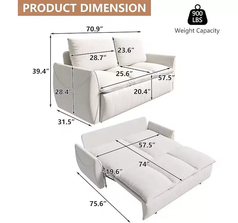 GDFStudio Zero Convertible 3-Seat 70.9 Velvet Upholstered Full Size Sofa Bed