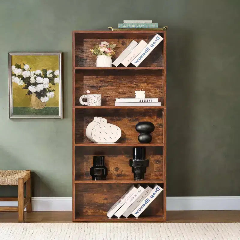 FIRNEWST 5-Tier Industrial Bookcase, 53-Inch Tall Floor - Standing Open Bookshelf for Ample Storage - Sturdy, Rustic Design