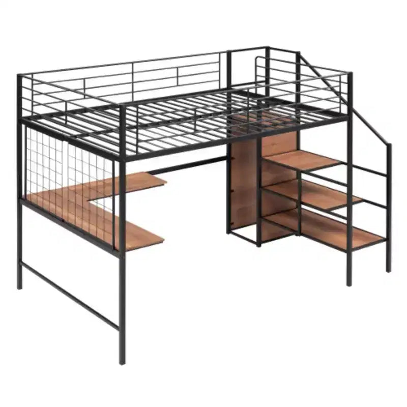Comprehensive Full Size Loft Bed: Metal, Desk, Grid, Wardrobe, Storage Ladder