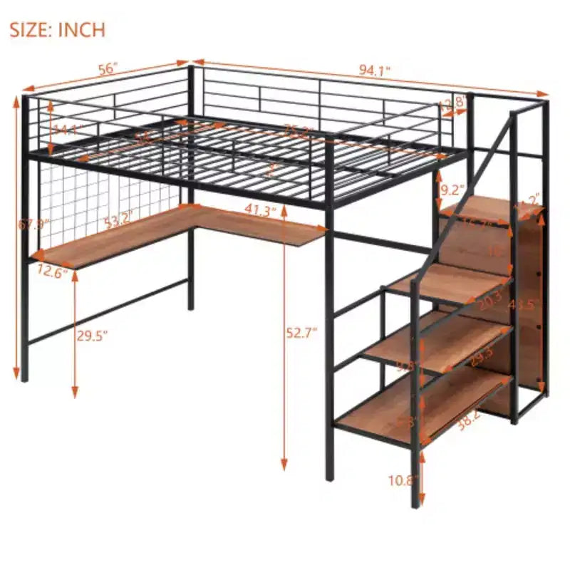Comprehensive Full Size Loft Bed: Metal, Desk, Grid, Wardrobe, Storage Ladder