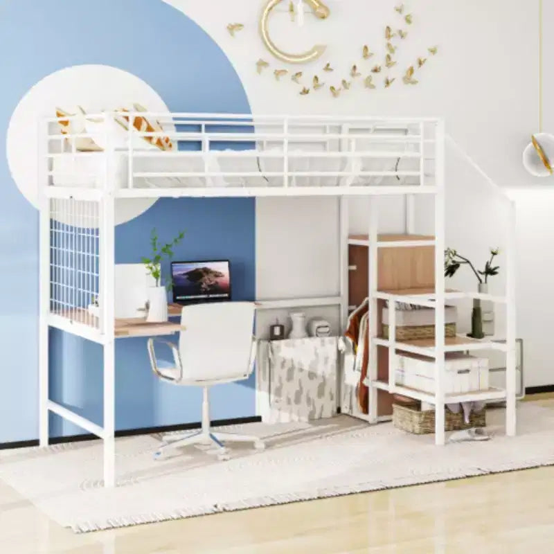 Comprehensive Full Size Loft Bed: Metal, Desk, Grid, Wardrobe, Storage Ladder