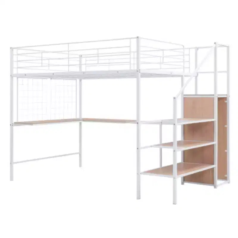 Comprehensive Full Size Loft Bed: Metal, Desk, Grid, Wardrobe, Storage Ladder