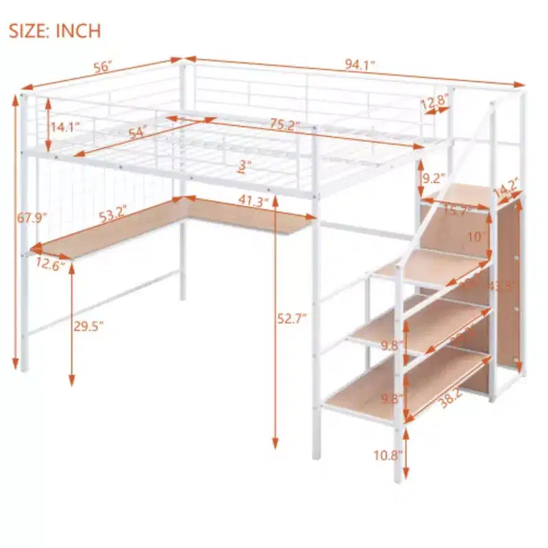 Comprehensive Full Size Loft Bed: Metal, Desk, Grid, Wardrobe, Storage Ladder