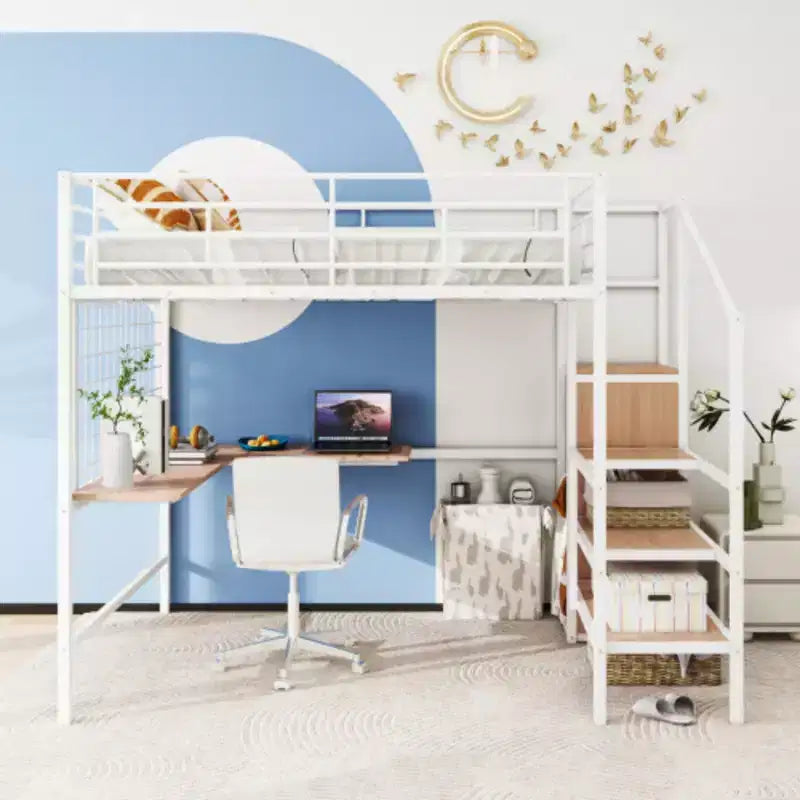 Comprehensive Full Size Loft Bed: Metal, Desk, Grid, Wardrobe, Storage Ladder