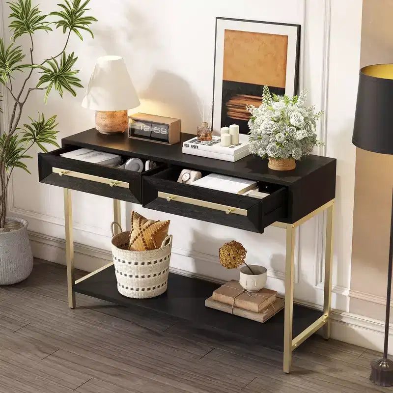 Consolle da 45,5W, Tavolino d'ingresso con due cassetti, Tavolo da corridoio retrò con sorprendente design geometrico