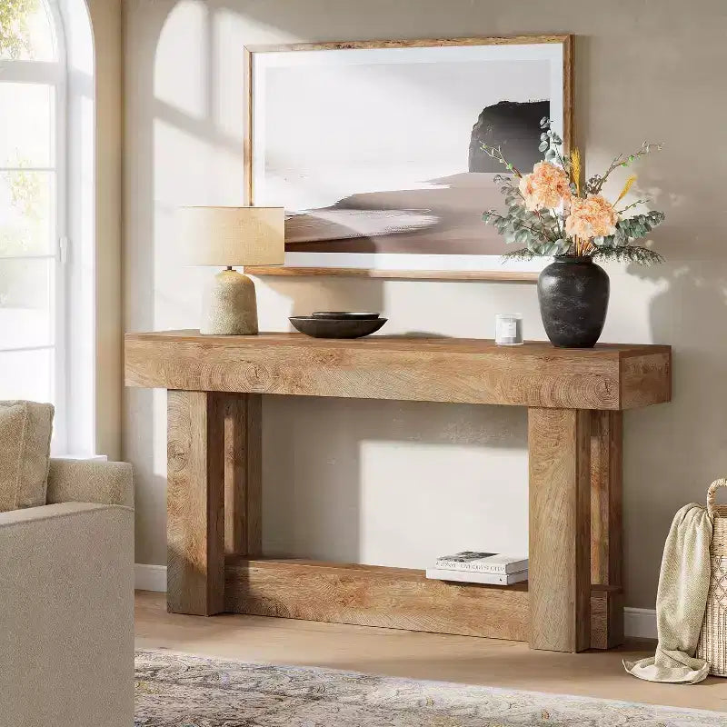 Consolle in legno da 62.99 pollici, tavolo stretto lungo a 2 livelli per ingresso stile fattoria