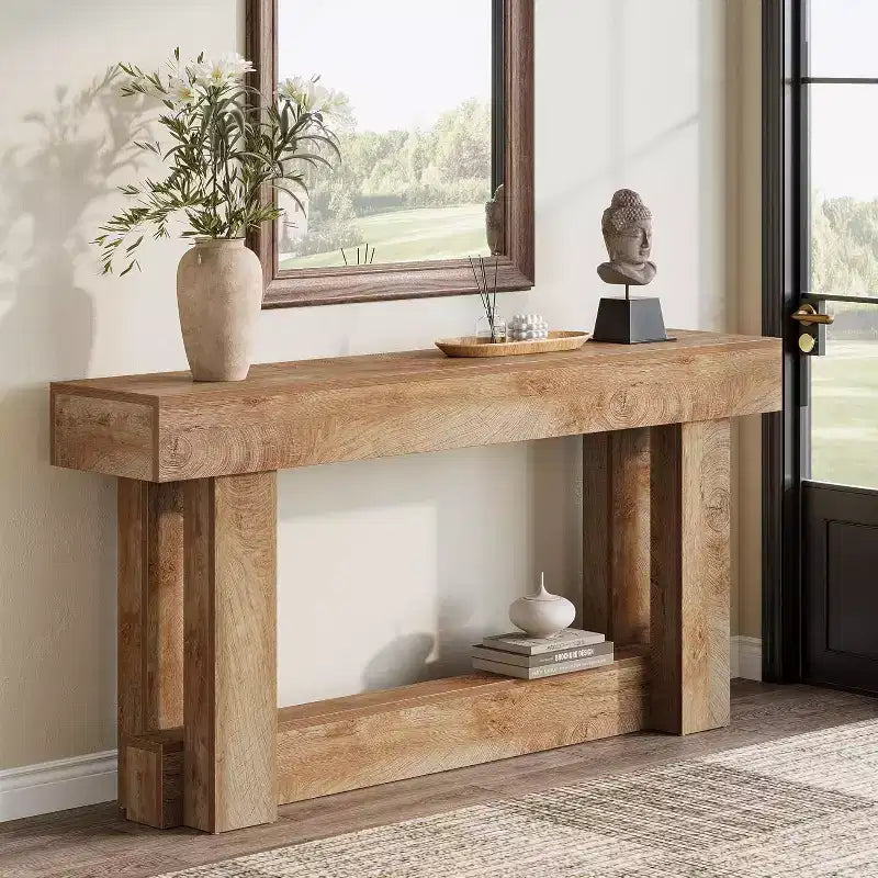 Consolle in legno da 62.99 pollici, tavolo stretto lungo a 2 livelli per ingresso stile fattoria