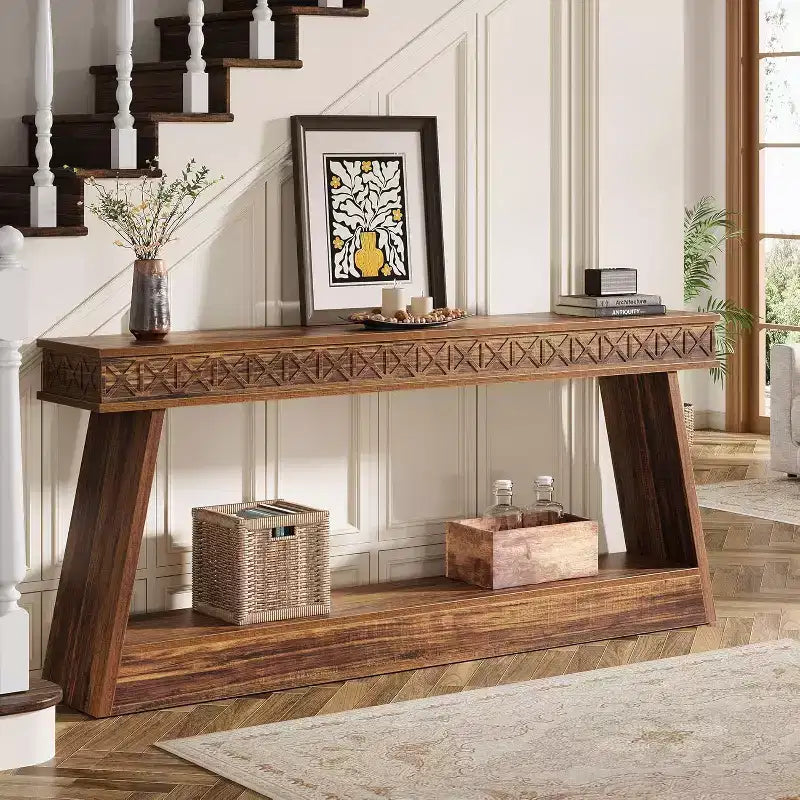 Lantine 2-Tier Farmhouse Console Table, 70.87 Extra Long Entryway Table with Storage