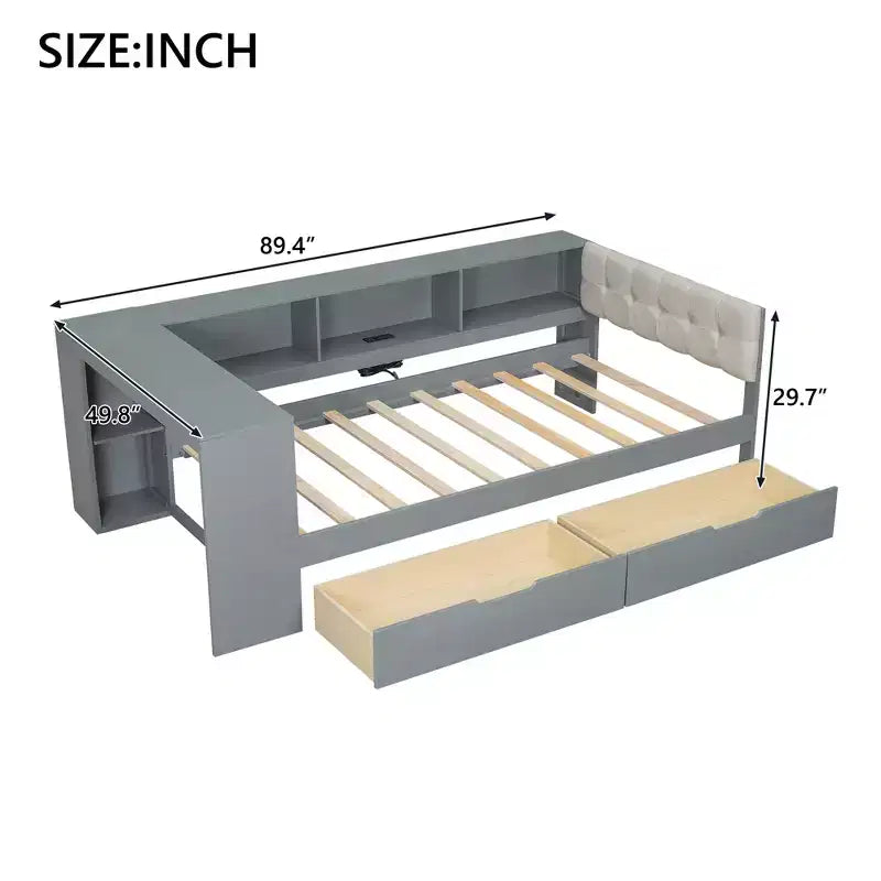 Letto a piattaforma Twin/Full Size con ripiani, cassetti, stazione di ricarica, testiera imbottita e scrivania, crema/grigio